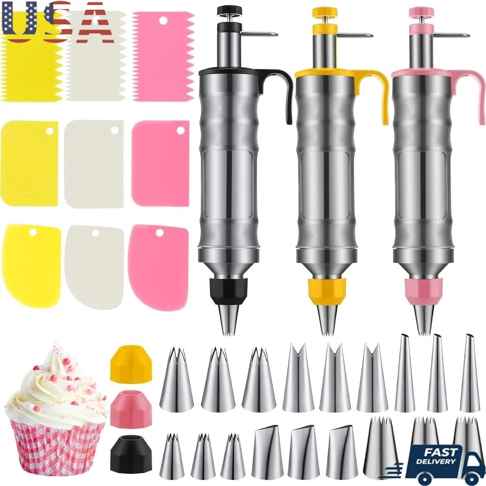 XMSJ Cake Decorating Syringe Set 3 Guns 6 Nozzles Scrapers