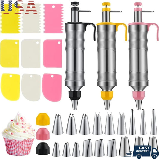 XMSJ Cake Decorating Syringe Set 3 Guns 6 Nozzles Scrapers