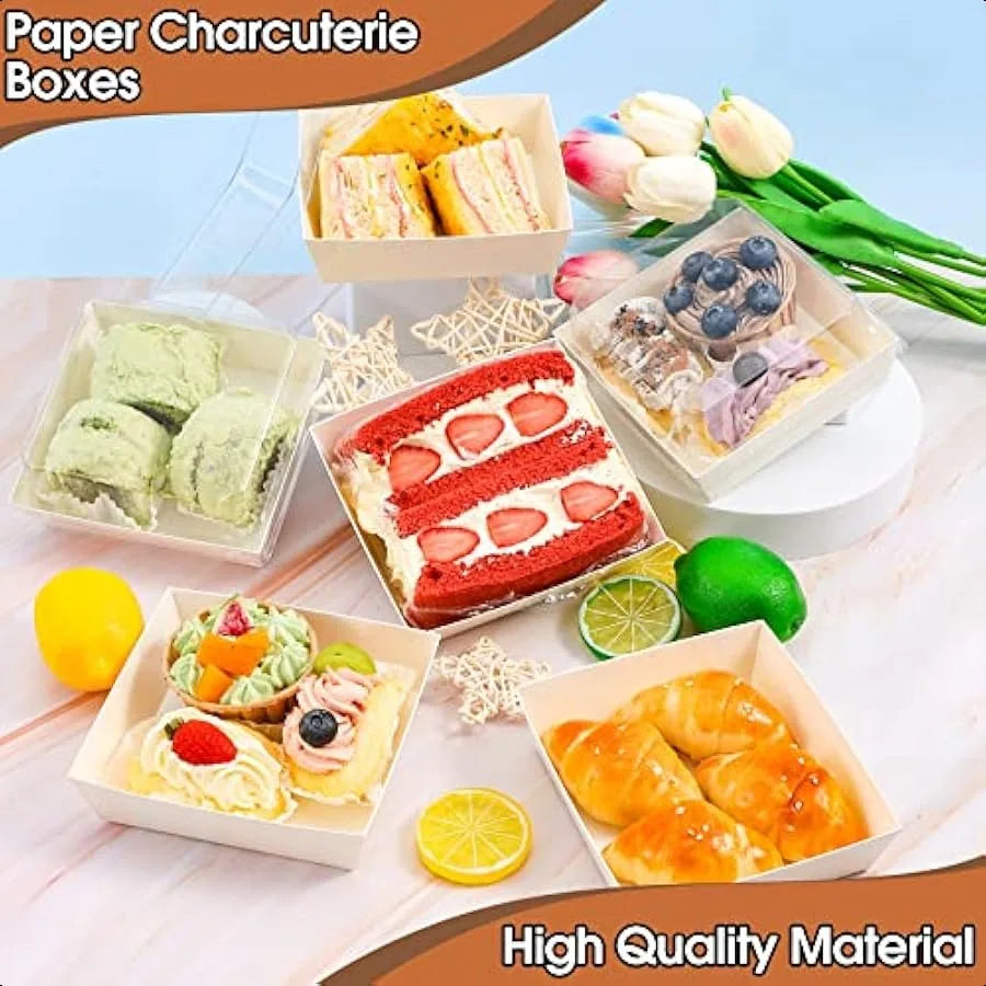 50Pack Charcuterie Boxes with Clear LidsSquare Paper Charcuterie Box Disposable Food Containers Bakery Boxes 5Inch OilProof Des