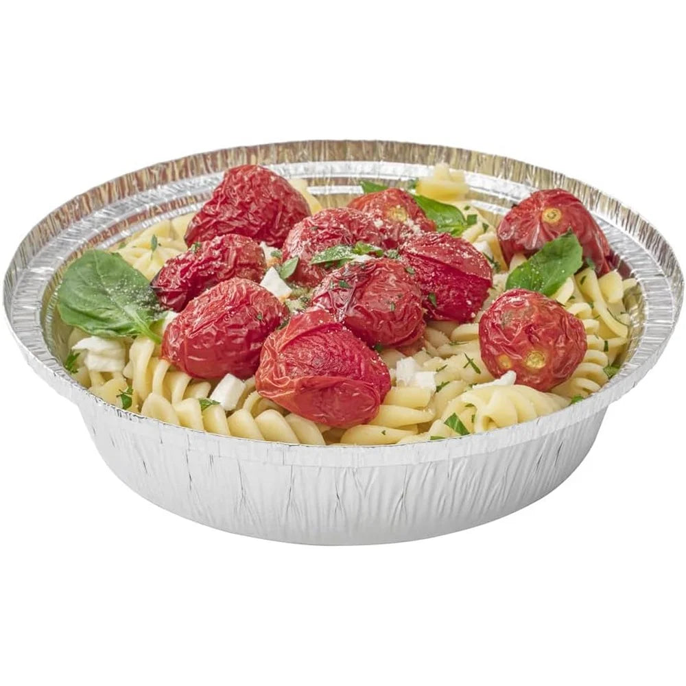 Heavy Duty Aluminum Foil Pans 24 Ounce Round Baking Trays 100 Pack Disposable Oven Safe Food Containers Ideal Leftovers
