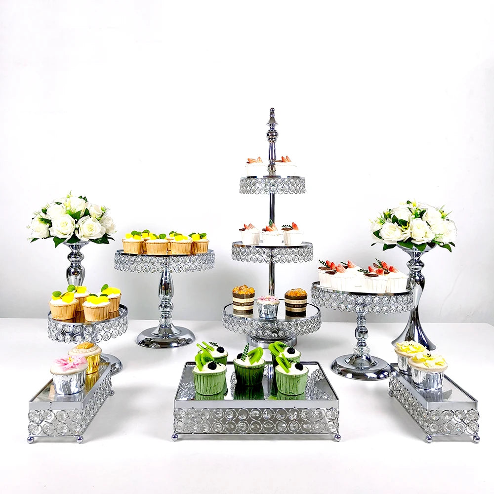 MYPOAYHODO Crystal Beaded Mirror Metal Cake Stand Set