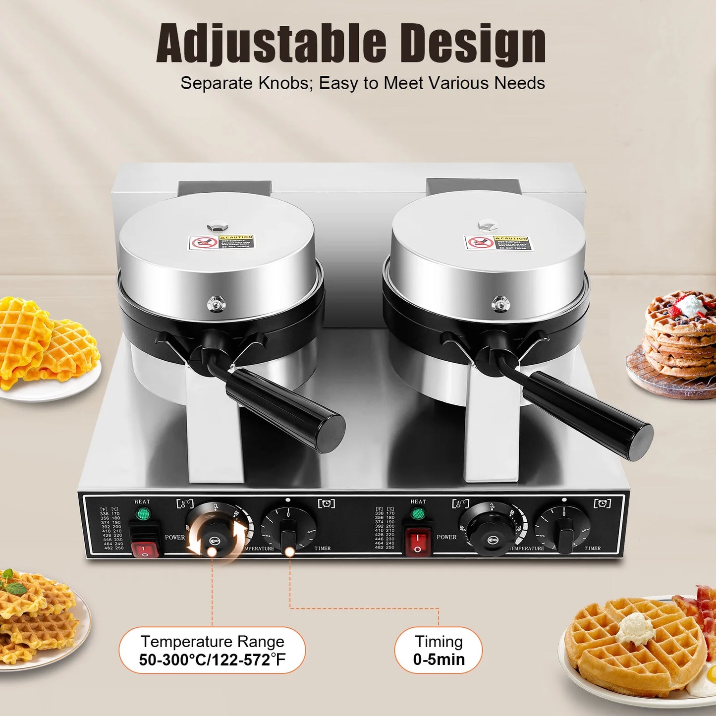 Electric Waffle Maker Stainless Steel Round Waffle 2400W Iron Non-Stick Waffle Baker Machine Teflon-Coated Baking Pans