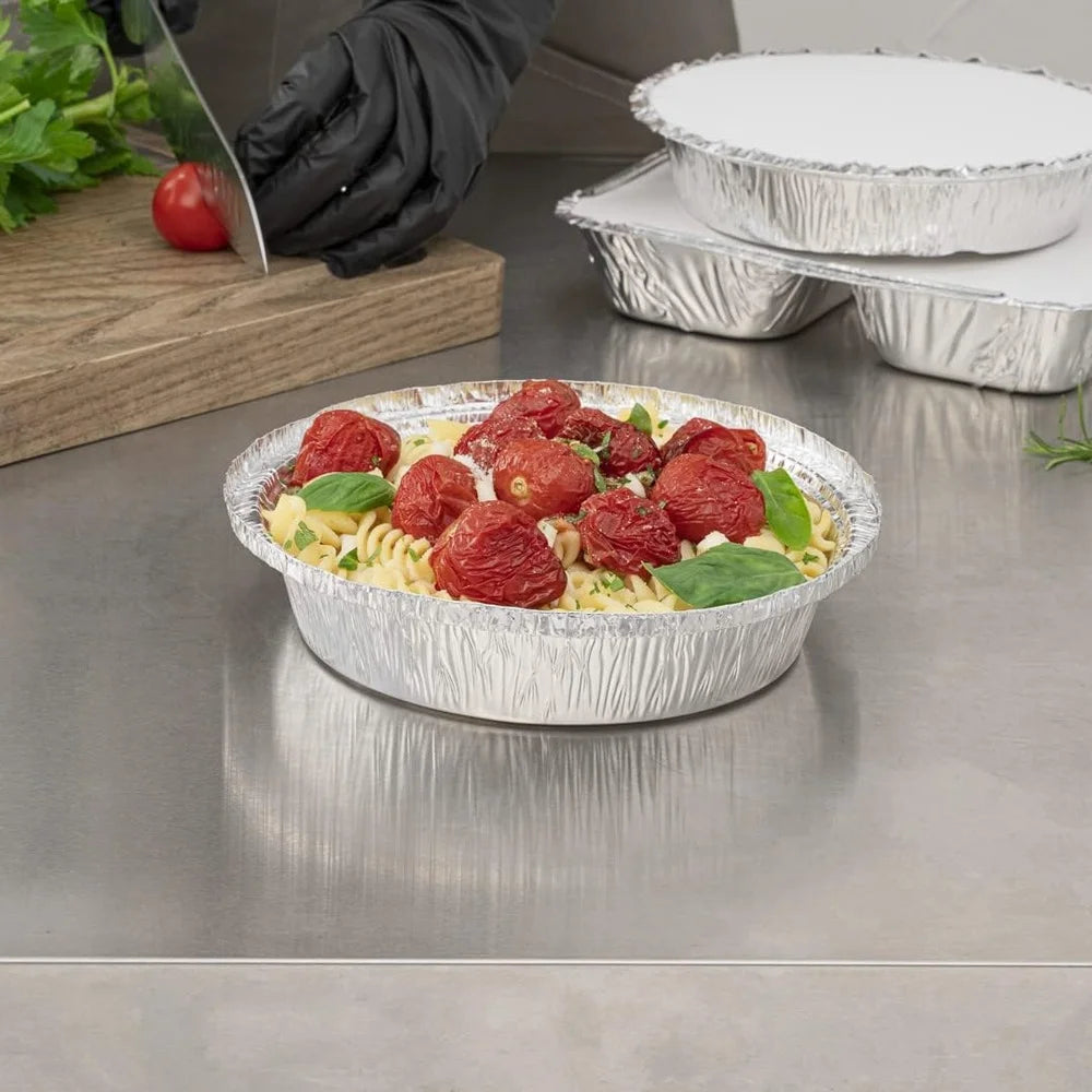 Heavy Duty Aluminum Foil Pans 24 Ounce Round Baking Trays 100 Pack Disposable Oven Safe Food Containers Ideal Leftovers