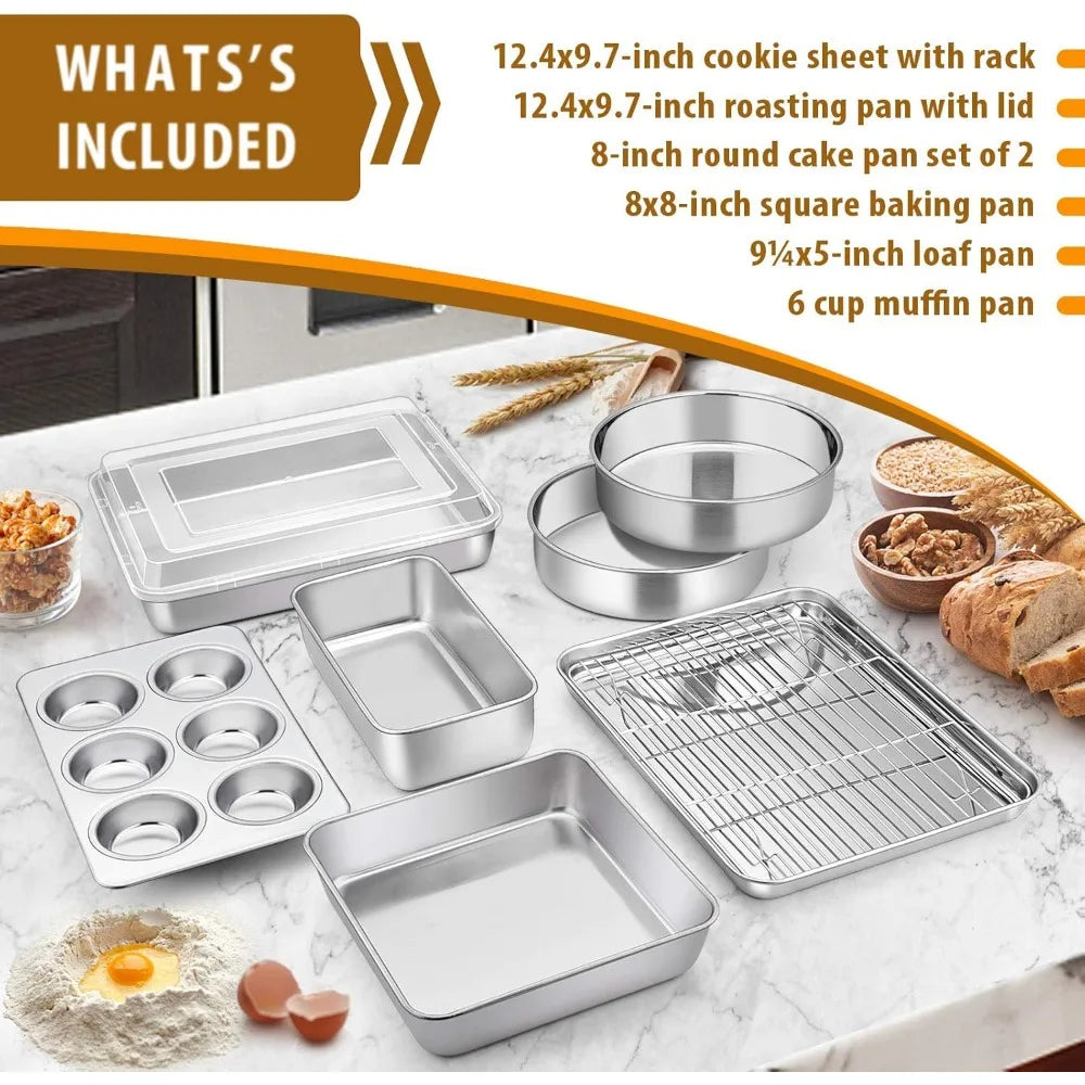 E-Far Stainless Steel Bakeware Set 9 Piece Round Square