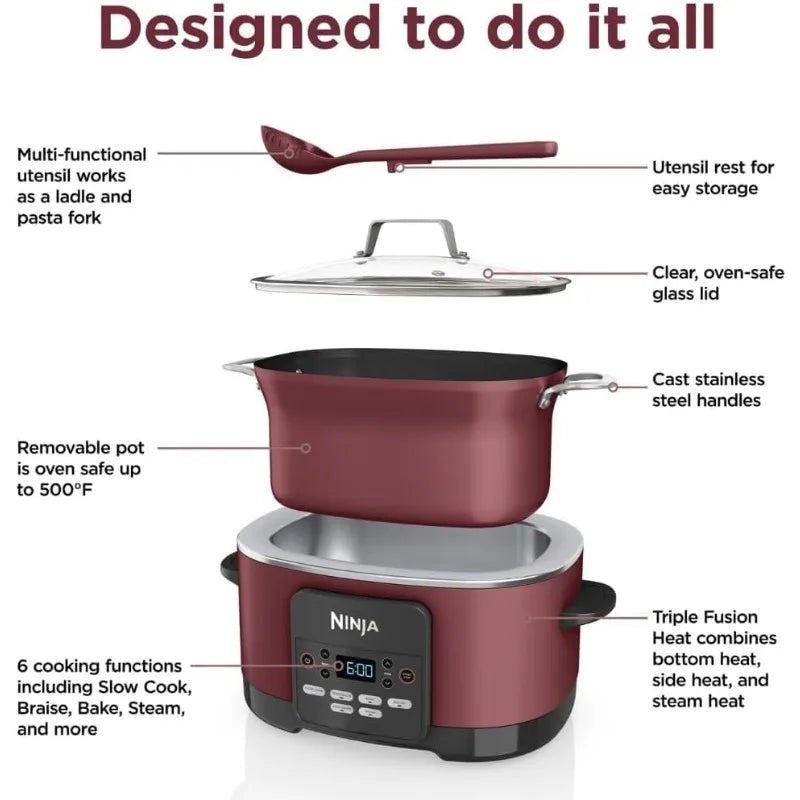 Ninja MC1000 8.5Qt Multicooker 8 in 1 Slow Cooker, Dutch Oven, Steam Bake Roast Sear Sauté Bread Maker Warmer, Nonstick (Cherry)