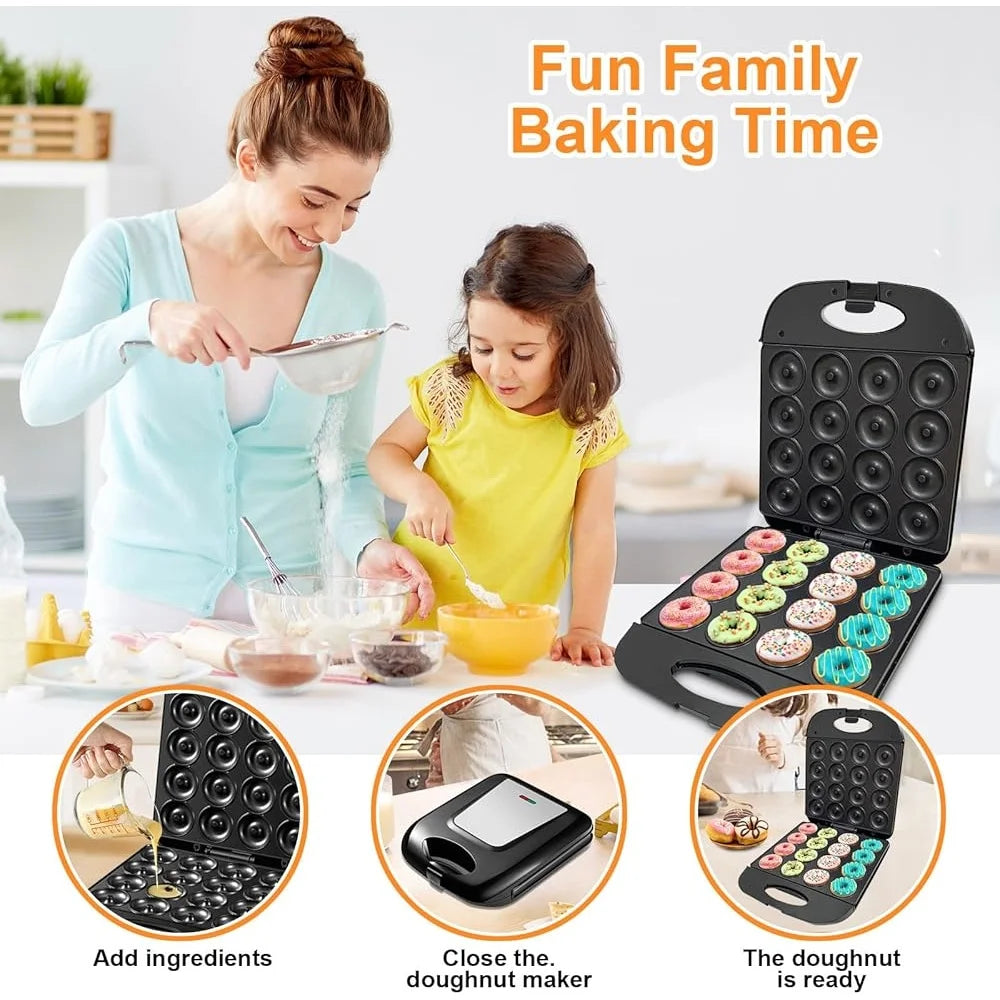 Mini Donut Maker 16-Hole Electric Doughnut Pancake Machine Non-Stick Surface Home Baking Kit Fast Healthy Treats Ideal Kids