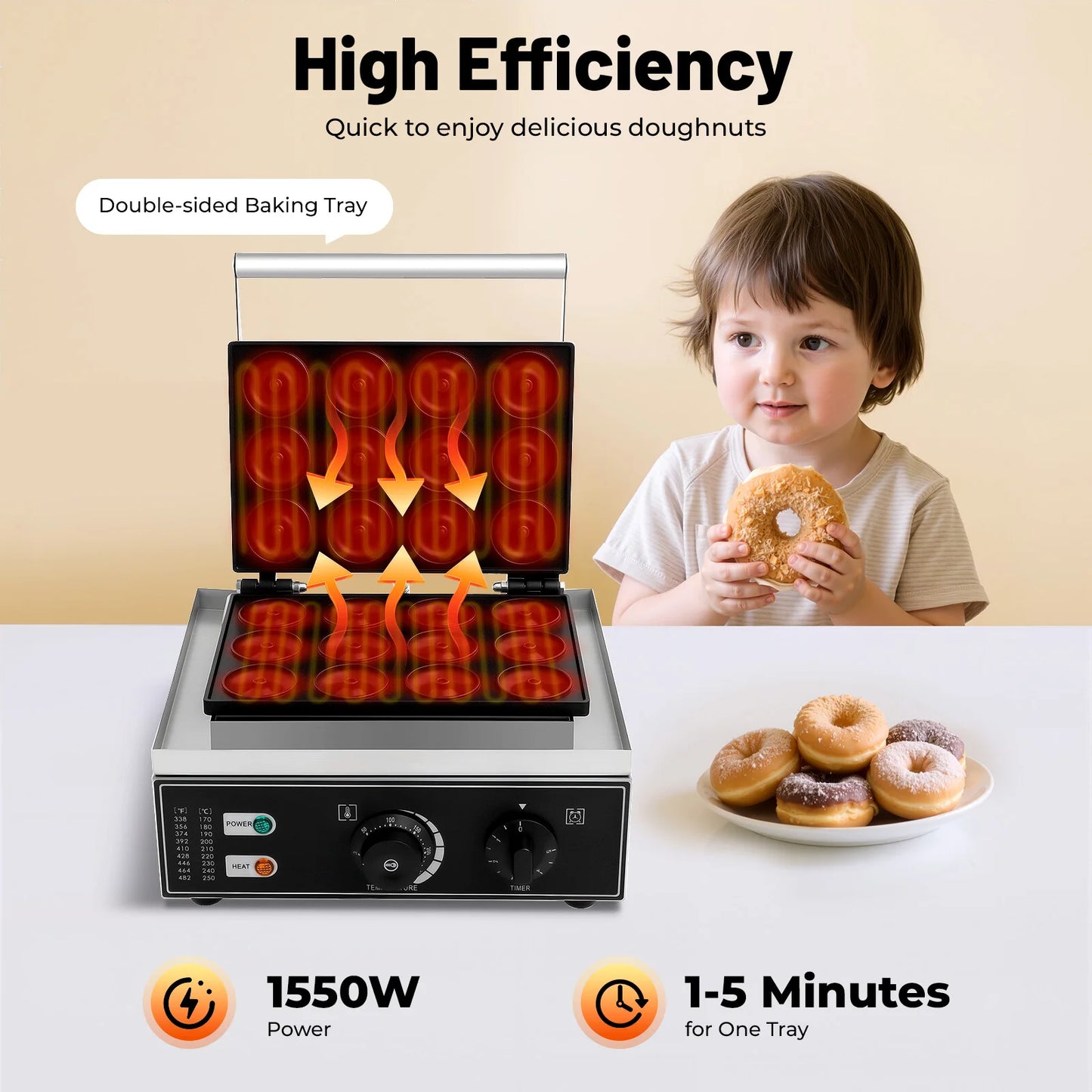 ﻿ 1550W Doughnut Maker w/ 12-Compartment Baking Pan, Large Capacity Donut Maker, Doughnut Baking Machine