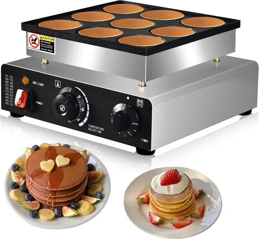 Mini Pancakes Maker Machine, Dutch Mini Pancake Griddle, 9 Holes 76mm Diameter Dorayaki Baker Machine， Electric Poffertjes Pan,