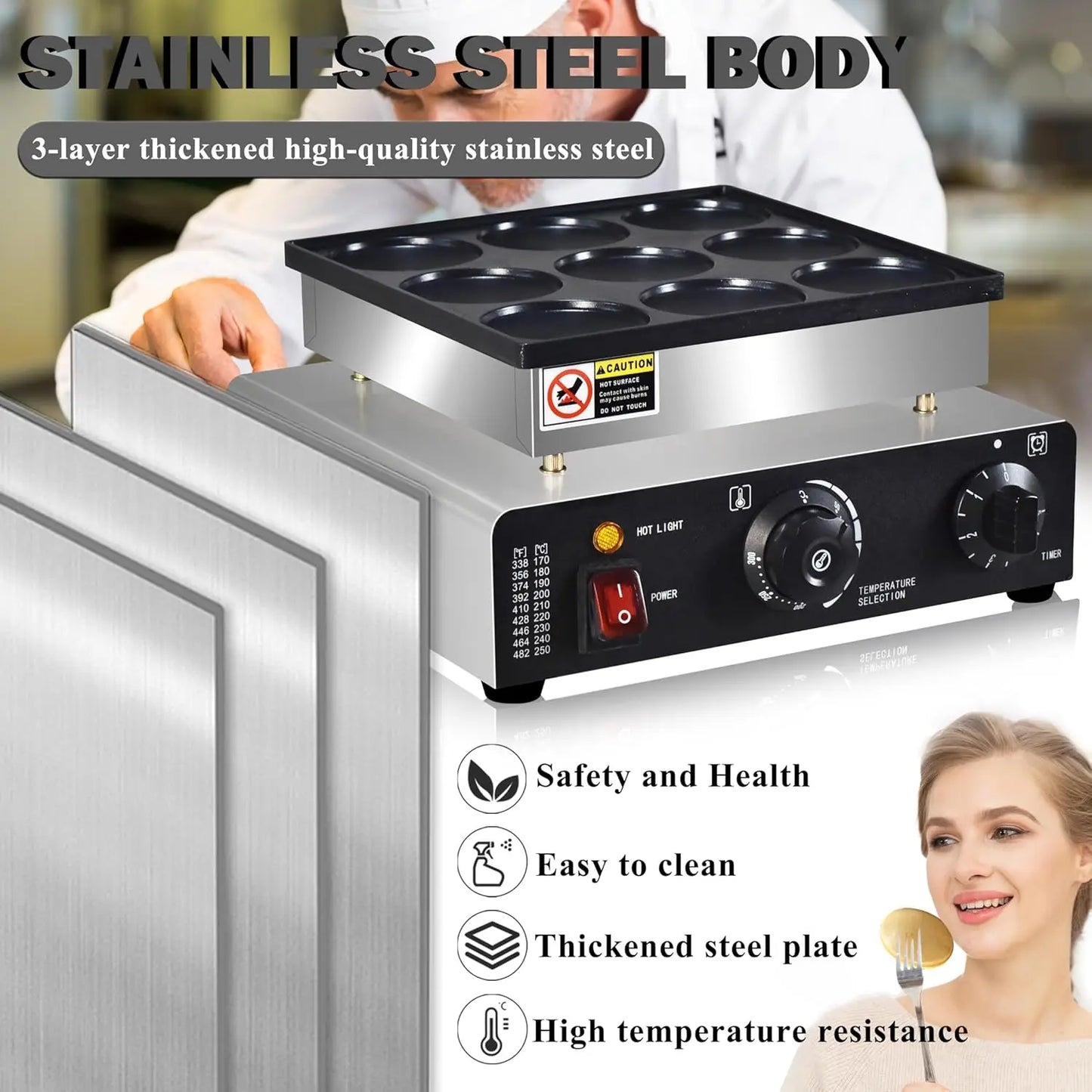 Mini Pancakes Maker Machine, Dutch Mini Pancake Griddle, 9 Holes 76mm Diameter Dorayaki Baker Machine， Electric Poffertjes Pan,