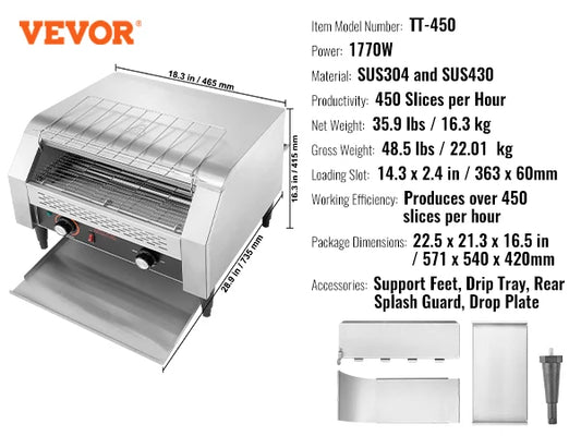 VEVOR Conveyor Toaster 150 300 450 Slices Per Hour Pro