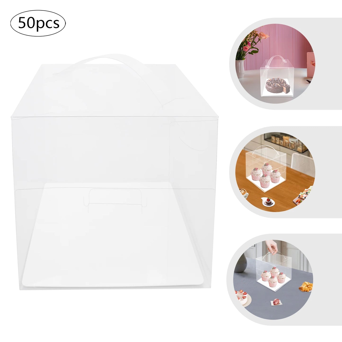 50 Pcs Clear PET Cake Boxes,4 in 13x13x13cm Assembly Required Square Cake Boxes with Handle for Placing Cakes,Desserts