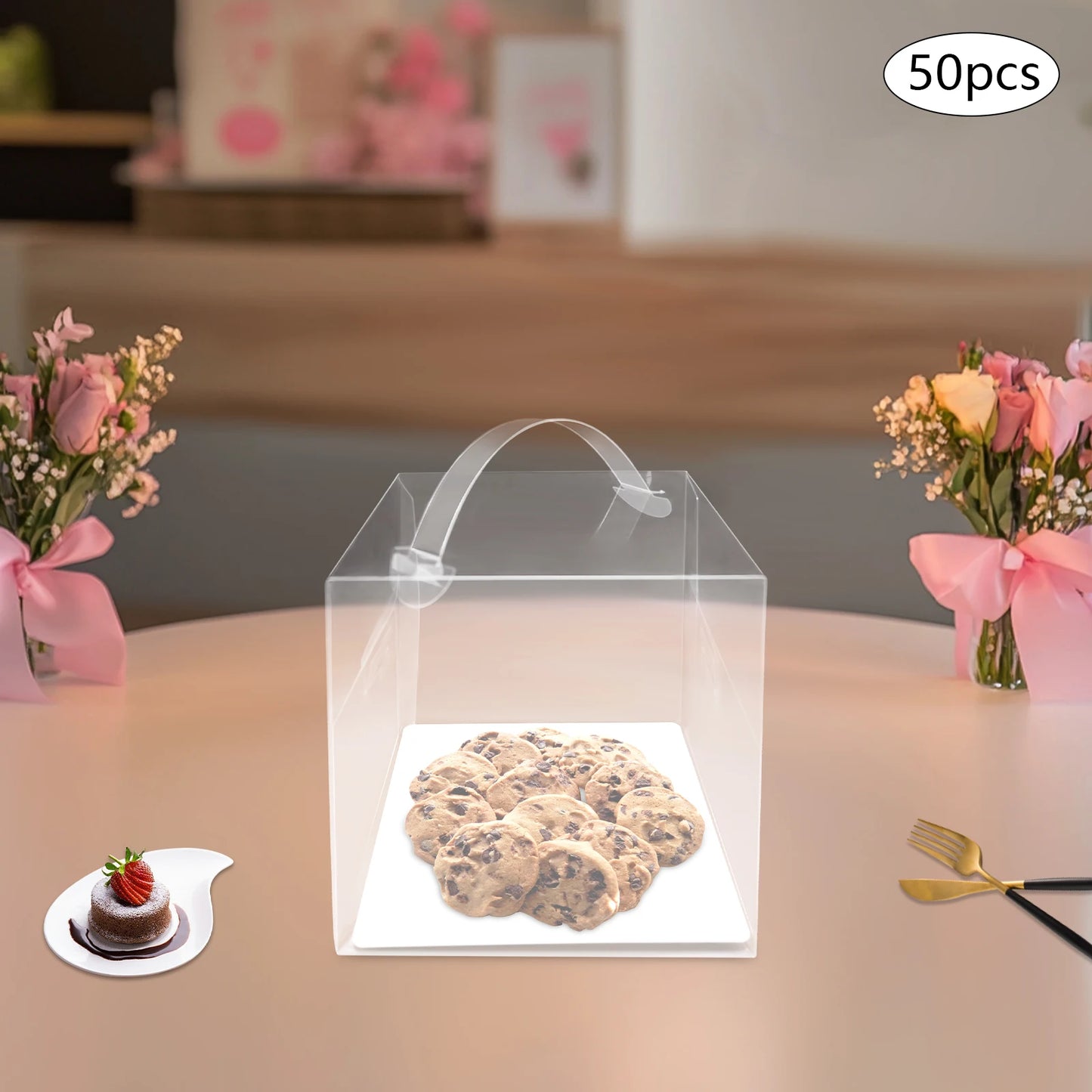 50 Pcs Clear PET Cake Boxes,4 in 13x13x13cm Assembly Required Square Cake Boxes with Handle for Placing Cakes,Desserts