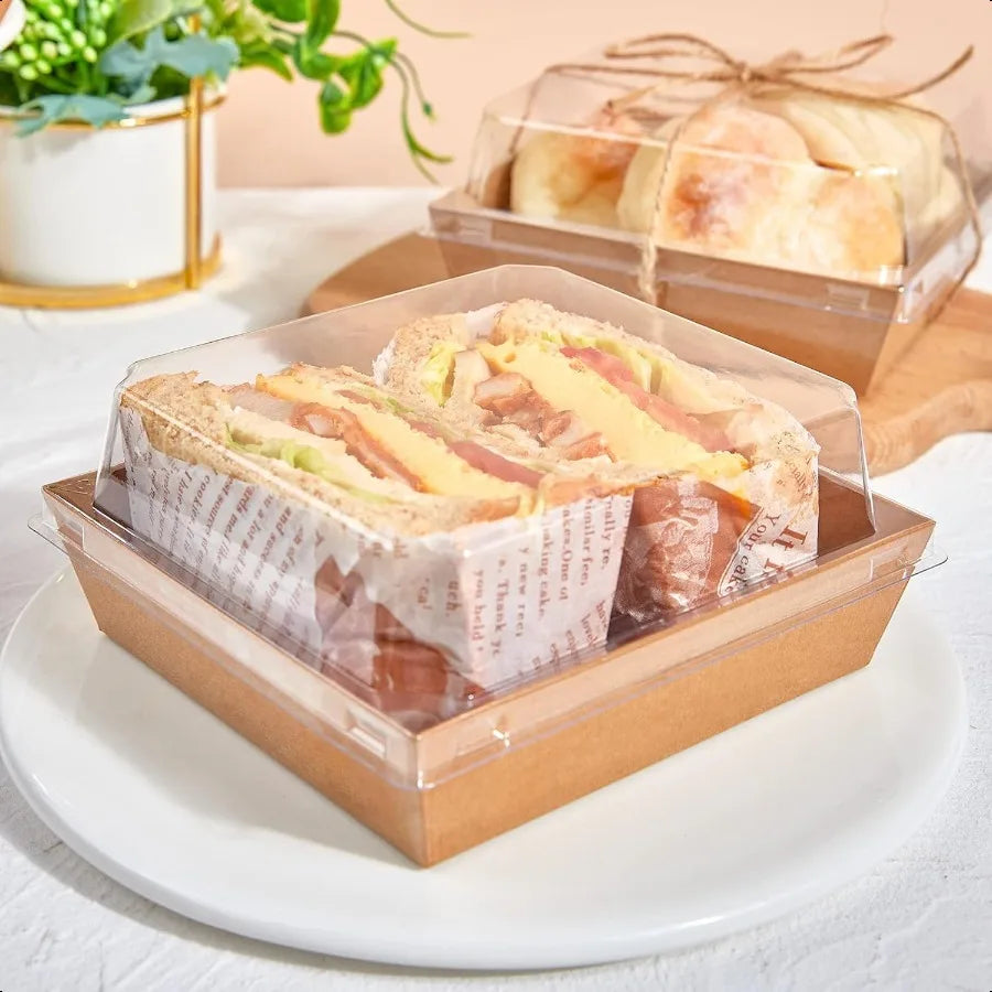 50 Pack 5 Inch Paper Charcuterie Boxes with Clear Lids Square To Go Cake Slice Containers Small Kraft Bakery Boxes for Dessert