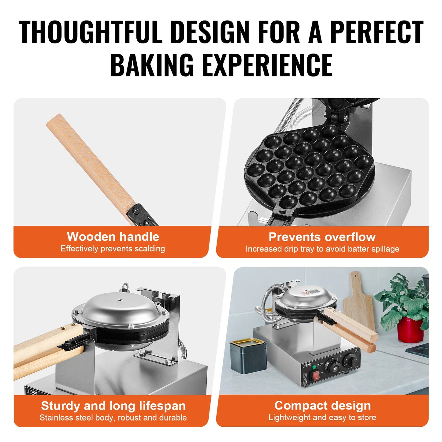 VEVOR Egg Bubble Waffle Maker 180 Rotatable Two Pans