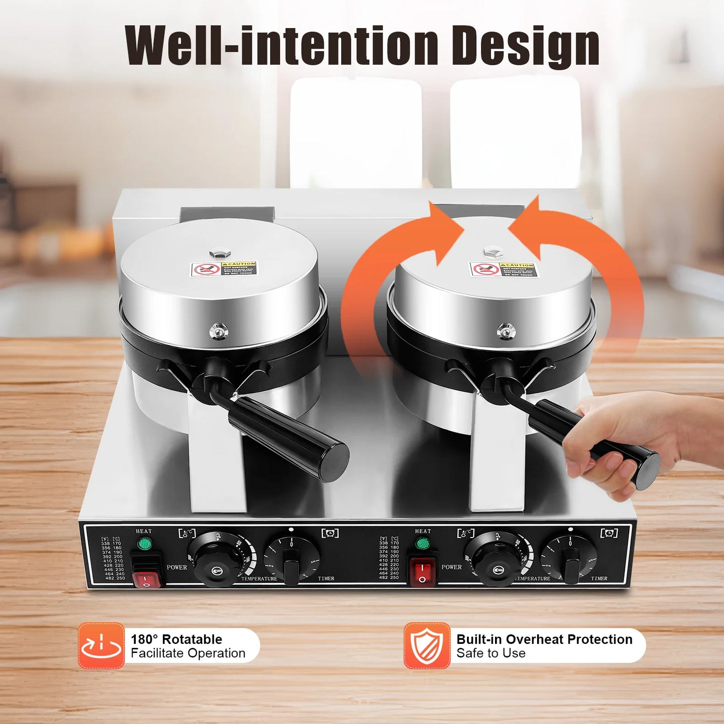 Electric Waffle Maker Stainless Steel Round Waffle 2400W Iron Non-Stick Waffle Baker Machine Teflon-Coated Baking Pans