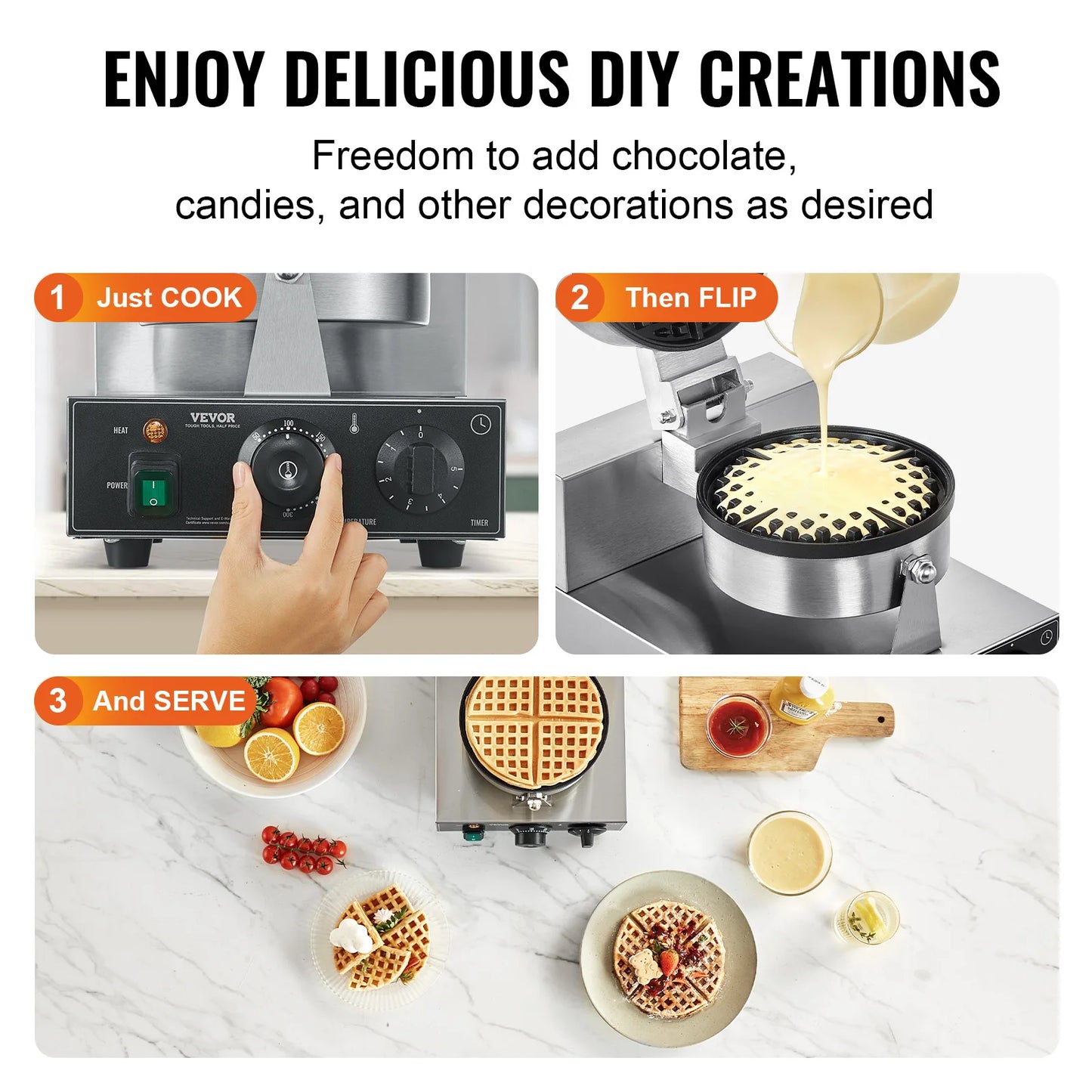VEVOR Commercial Waffle Maker 1230W Round Waffle Iron