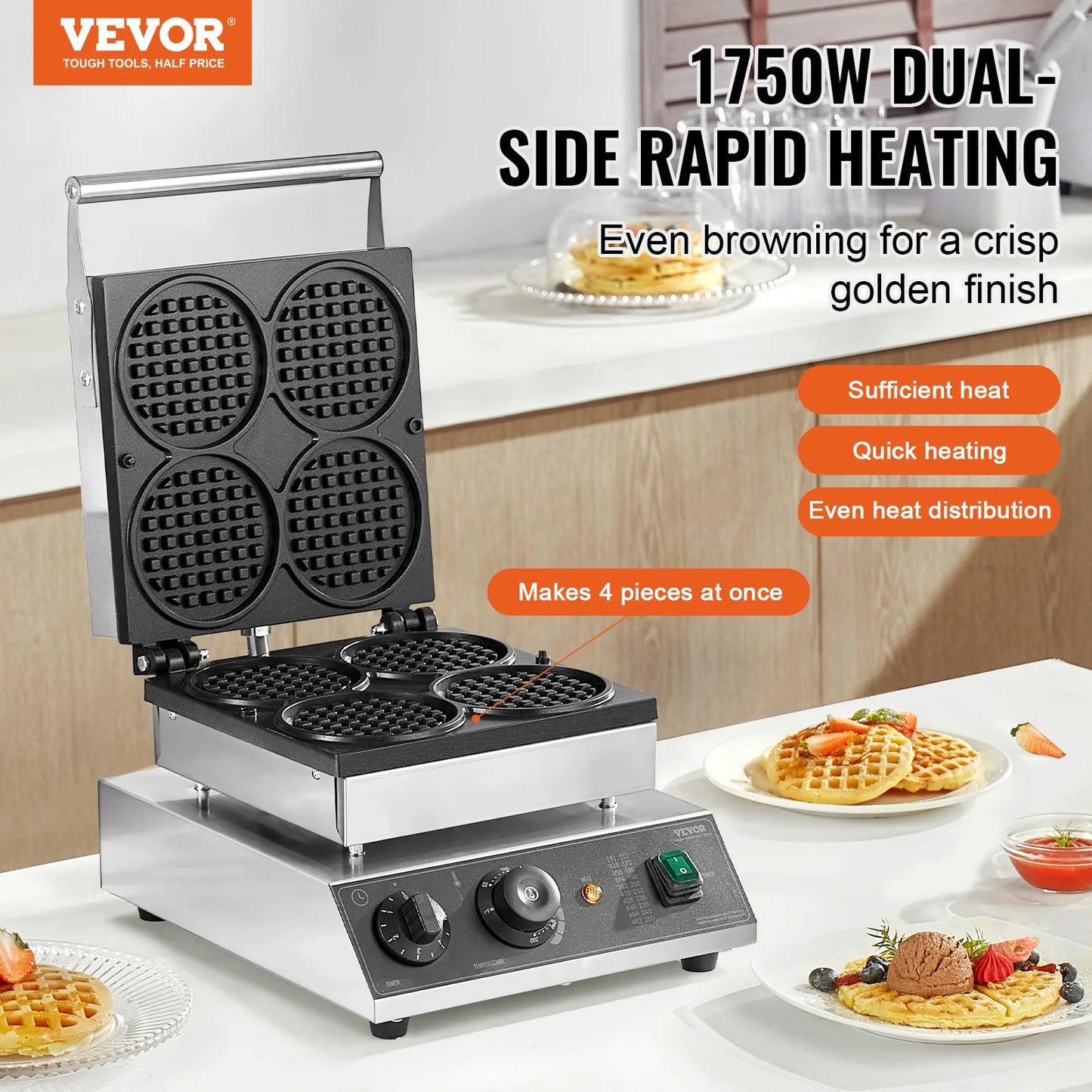 VEVOR Commercial Waffle Maker 4 Pack Round Baker 1000 1500W