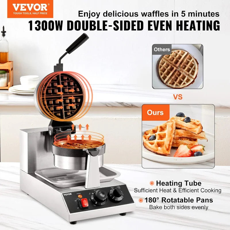 XMSJ Commercial Waffle Maker 1300W Rotatable Nonstick