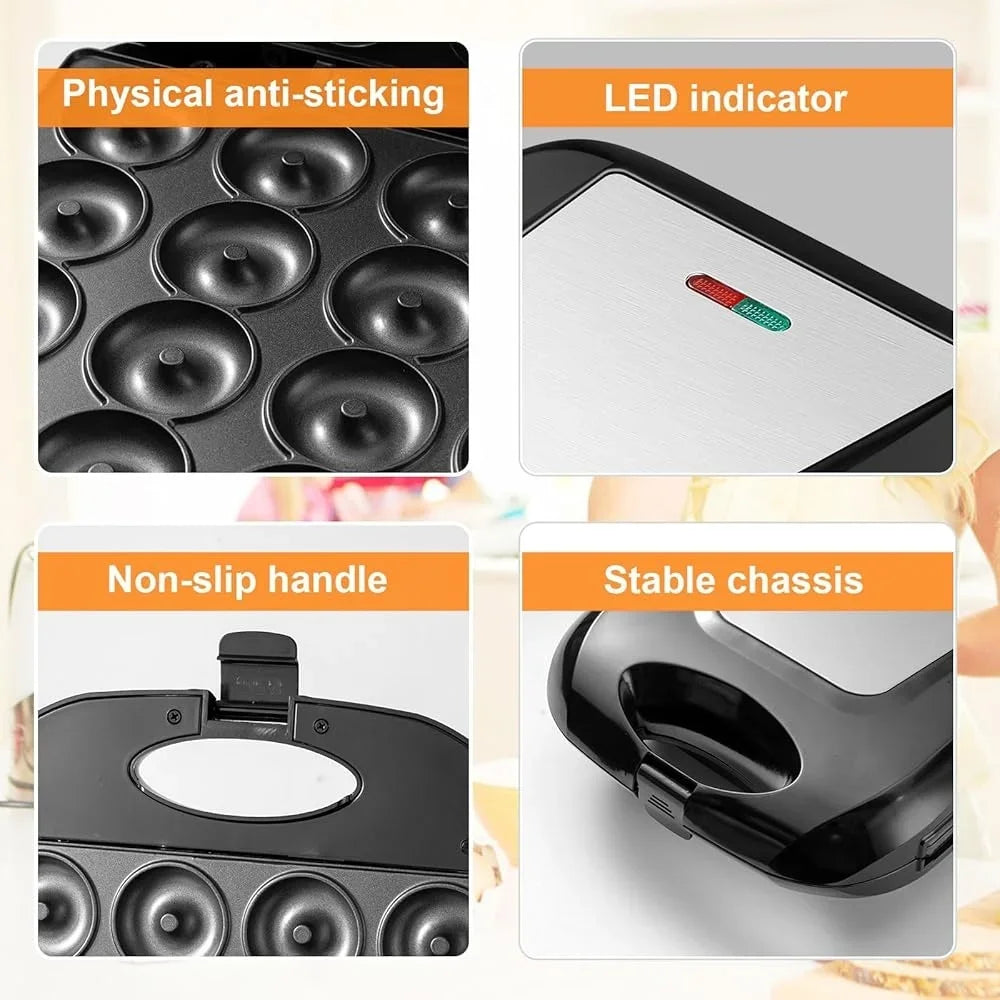 Mini Donut Maker 16-Hole Electric Doughnut Pancake Machine Non-Stick Surface Home Baking Kit Fast Healthy Treats Ideal Kids