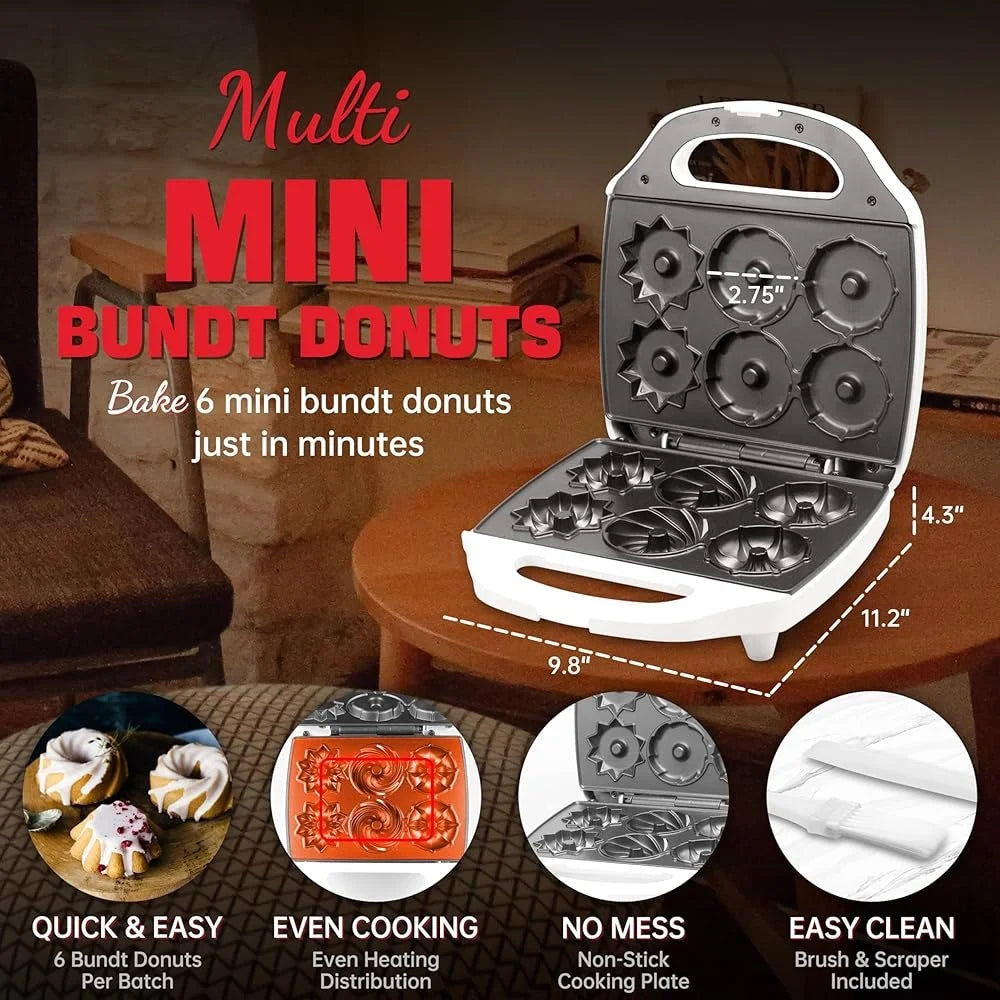 Mini Donut Maker Machine Electric Bundt Pan Bake 6 Doughnuts PFOA-Free Non-Stick Lightweight Breakfast Snack Dessert Tool