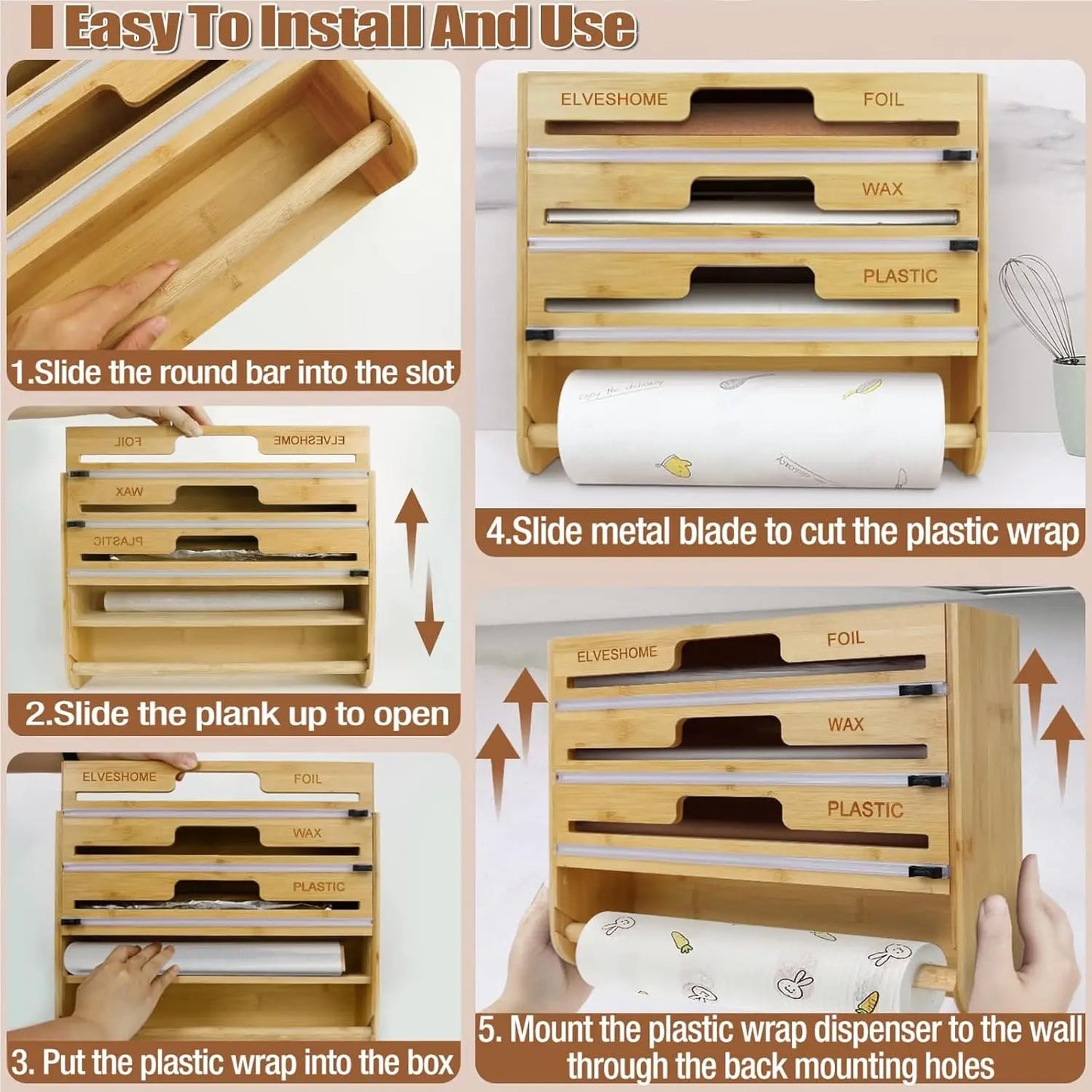 Packaging dispenser, 3 in 1 bamboo tin foil storage box, baking paper, wax paper holder kitchen storage box,