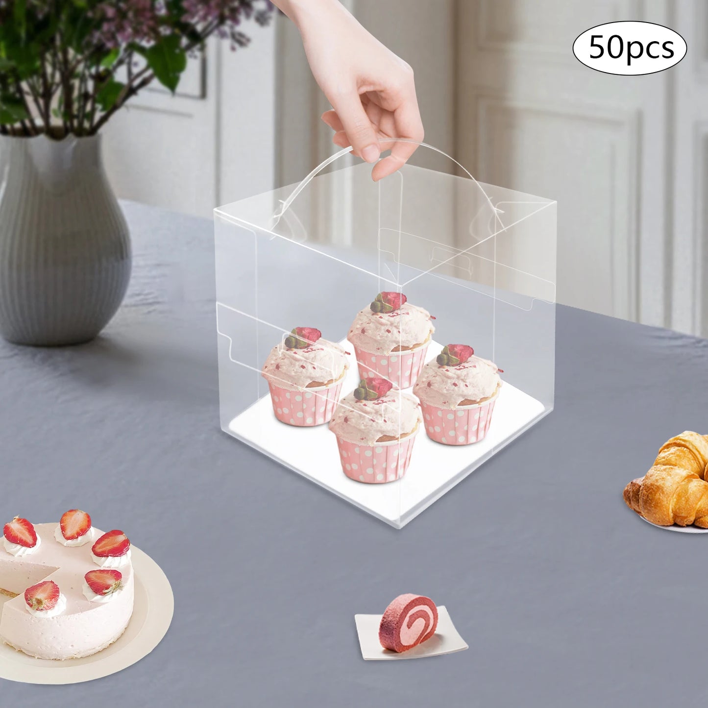50 Pcs Clear PET Cake Boxes,4 in 13x13x13cm Assembly Required Square Cake Boxes with Handle for Placing Cakes,Desserts