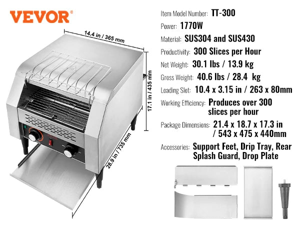 VEVOR Conveyor Toaster 150 300 450 Slices Per Hour Pro