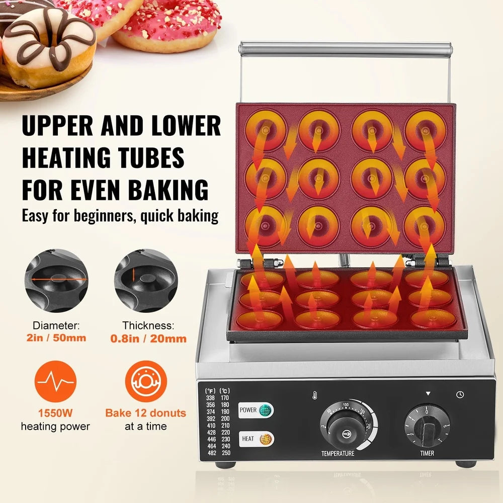 Industrial Donut Maker 1550W Dual-Heat Non-Stick Waffle Machine 12 Slots Stainless Steel Commercial Equipment Bakeries