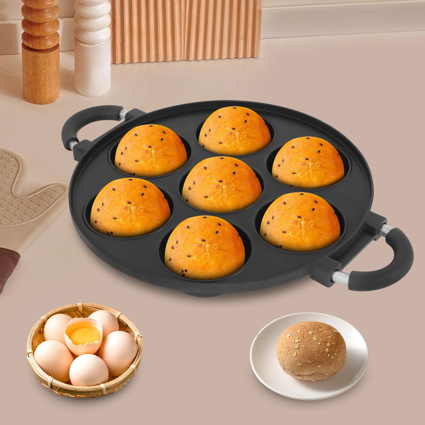 Bymaocar 7 Hole Round Takoyaki Pan Aluminum Cake Maker