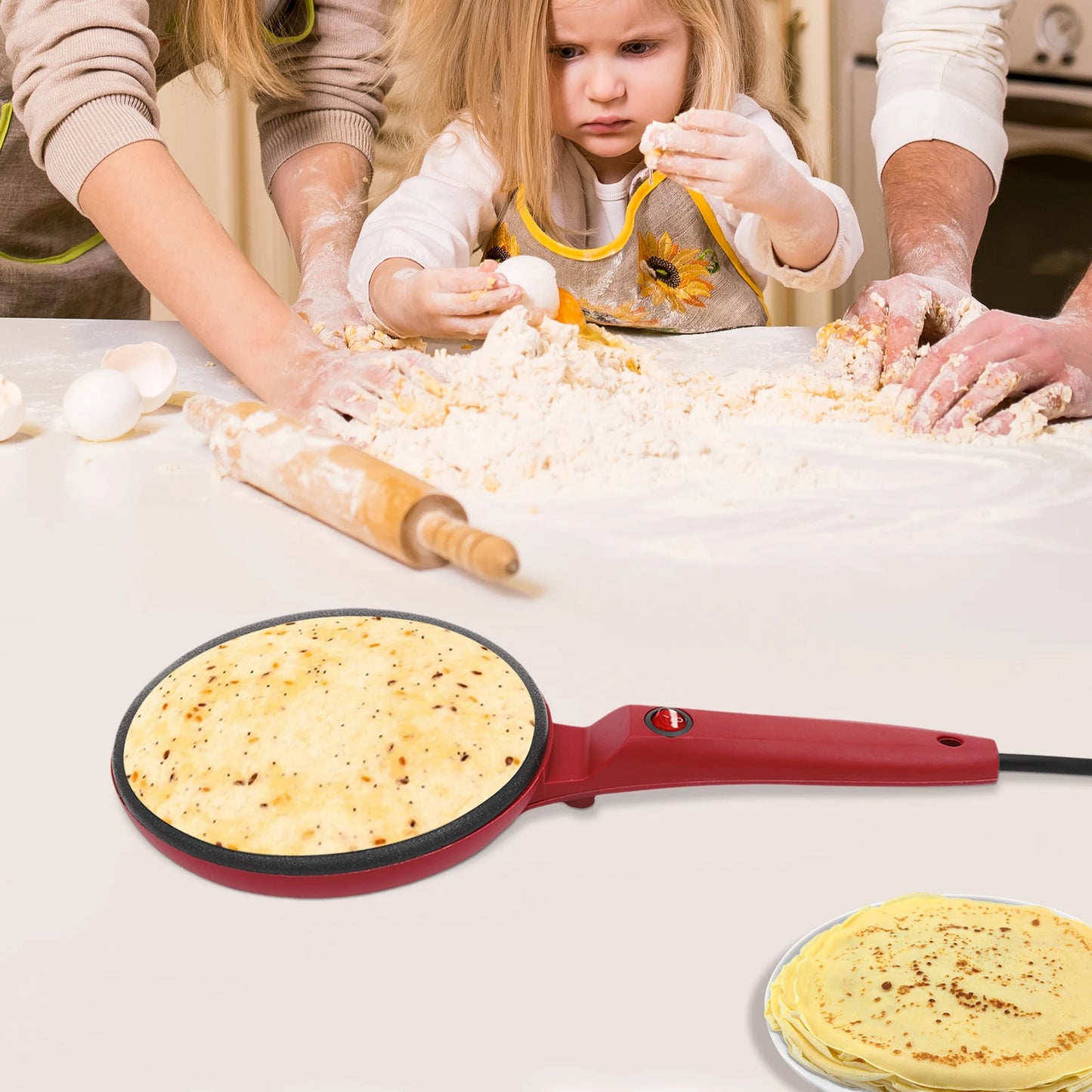 Red 8" Plastic Electric Crepe Maker,110V Corded Electric Pancake Machine Desktop Mount for Home,Bakery