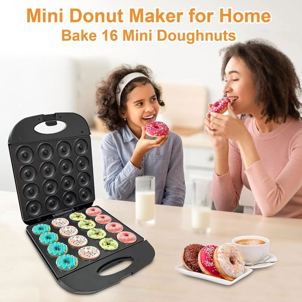 Mini Donut Maker 16-Hole Electric Doughnut Pancake Machine Non-Stick Surface Home Baking Kit Fast Healthy Treats Ideal Kids