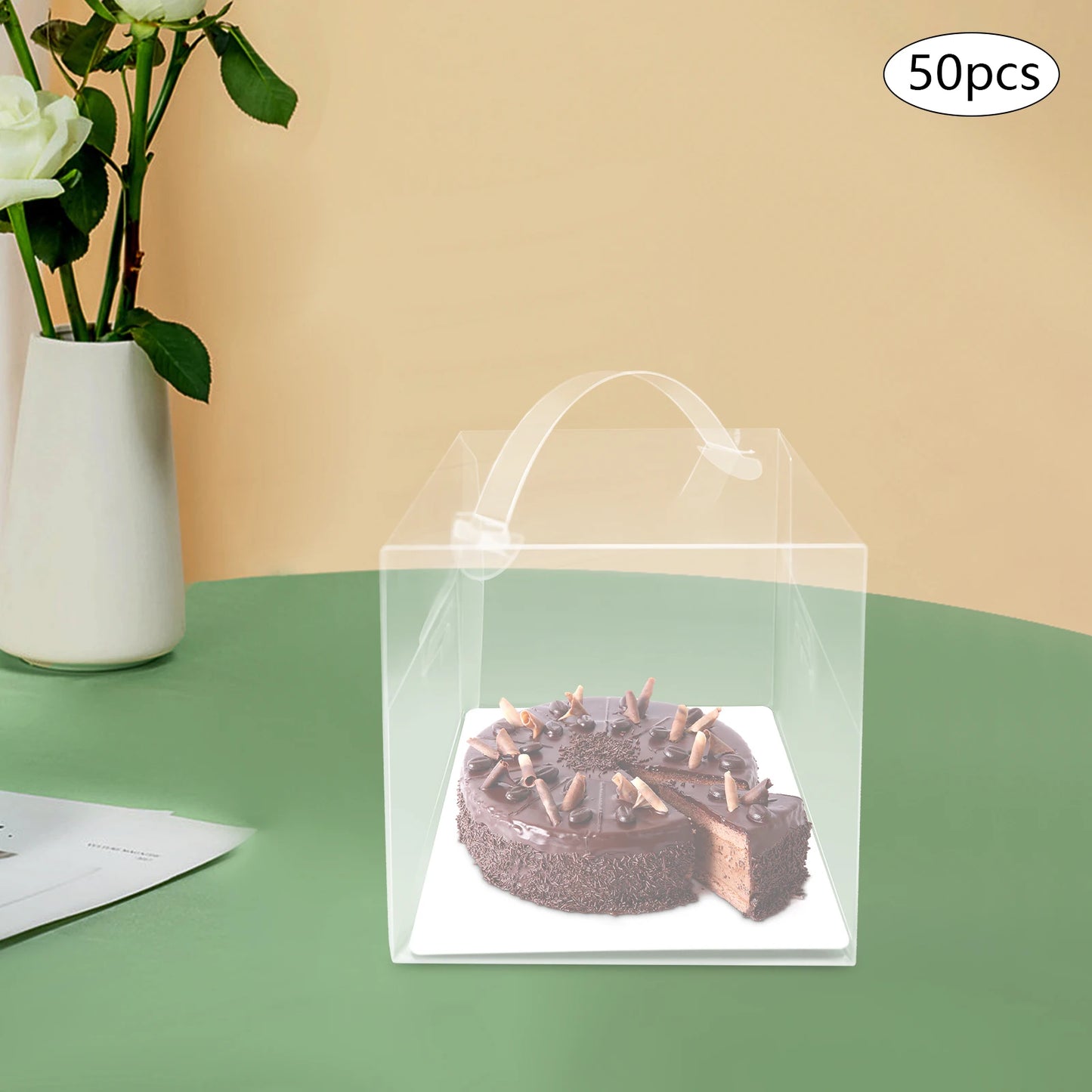 50 Pcs Clear PET Cake Boxes,4 in 13x13x13cm Assembly Required Square Cake Boxes with Handle for Placing Cakes,Desserts