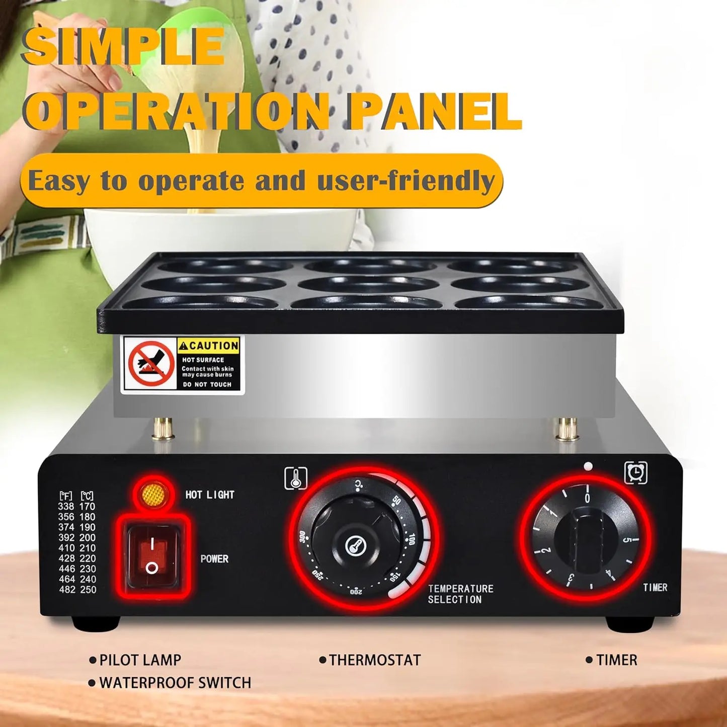 Mini Pancakes Maker Machine, Dutch Mini Pancake Griddle, 9 Holes 76mm Diameter Dorayaki Baker Machine， Electric Poffertjes Pan,