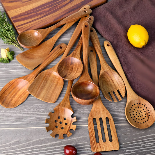 10 Piece Solid Wooden Kitchen Utensil Set for Cooking