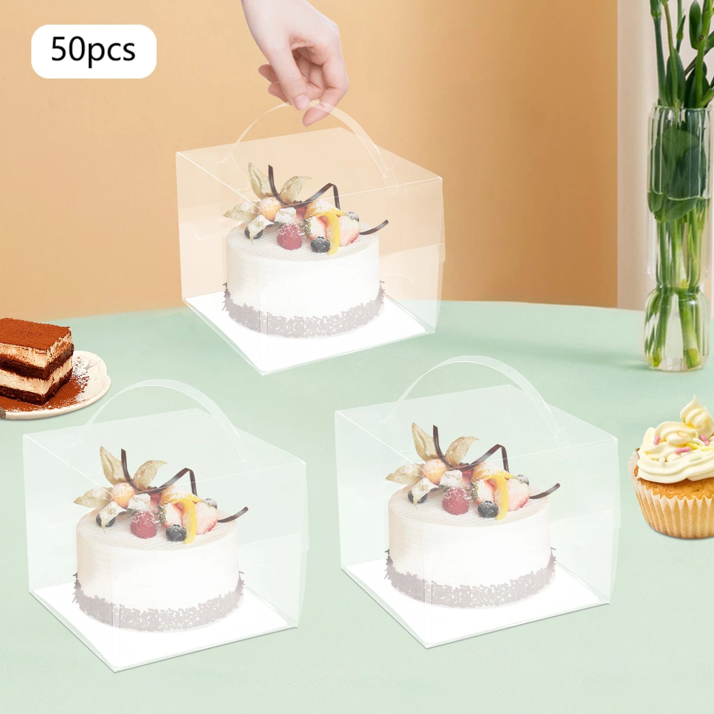 50PCS Cake Bread Packing Boxes Clear Cake Boxes with Handle for Gift