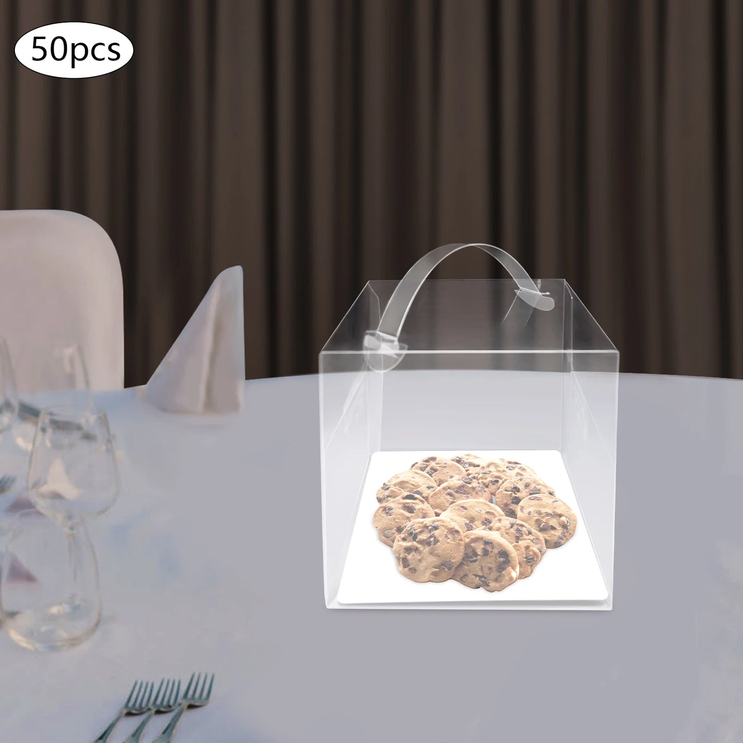 50 Pcs Clear PET Cake Boxes,4 in 13x13x13cm Assembly Required Square Cake Boxes with Handle for Placing Cakes,Desserts