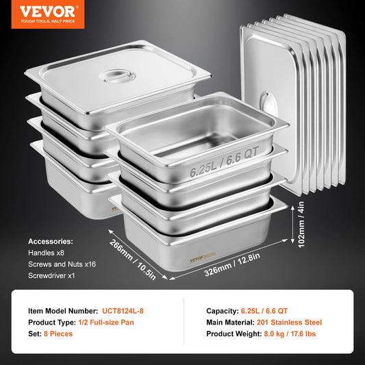 SucceBuy 4" 6" Deep Steam Table Pan 1/2 Size Hotel Pans for chafing 201 Stainless Steel Food Container for Party BBQ Baking