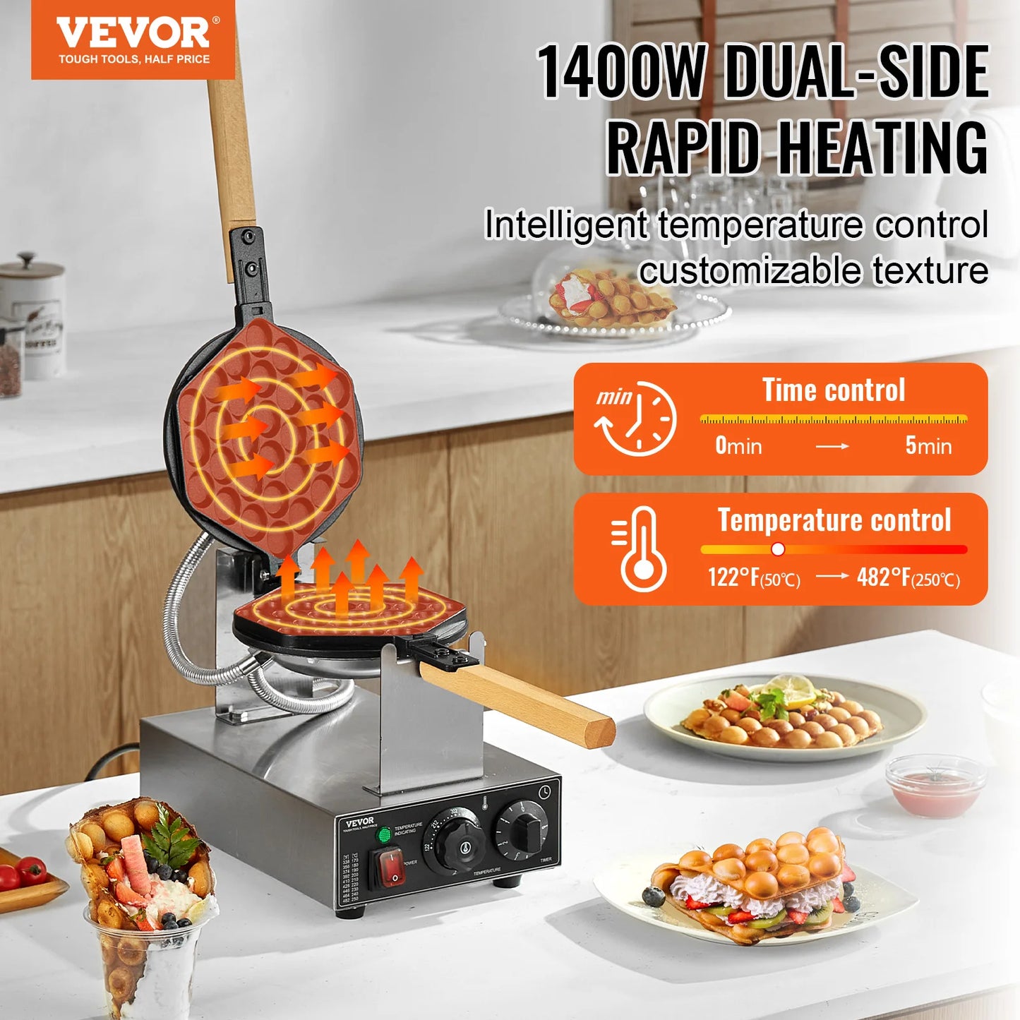 VEVOR Egg Bubble Waffle Maker 180 Rotatable Two Pans