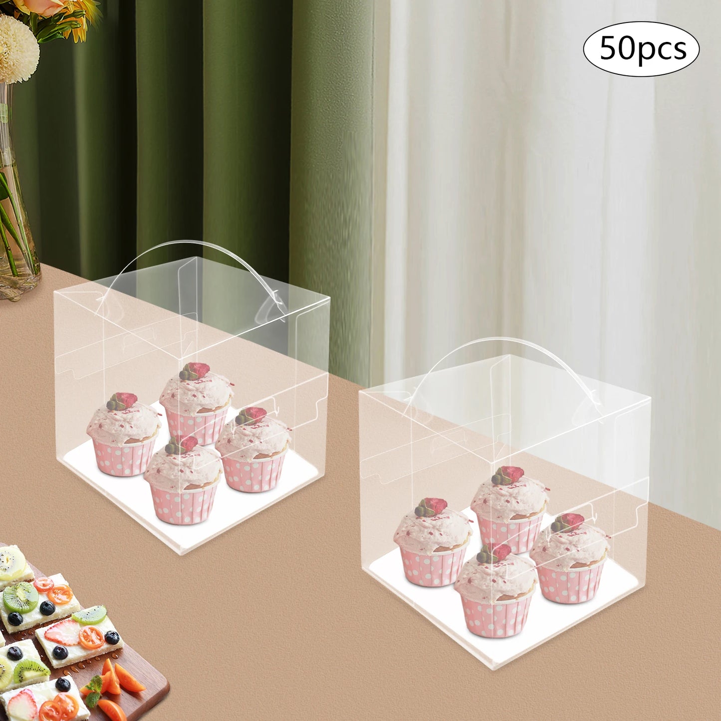 50 Pcs Clear PET Cake Boxes,4 in 13x13x13cm Assembly Required Square Cake Boxes with Handle for Placing Cakes,Desserts
