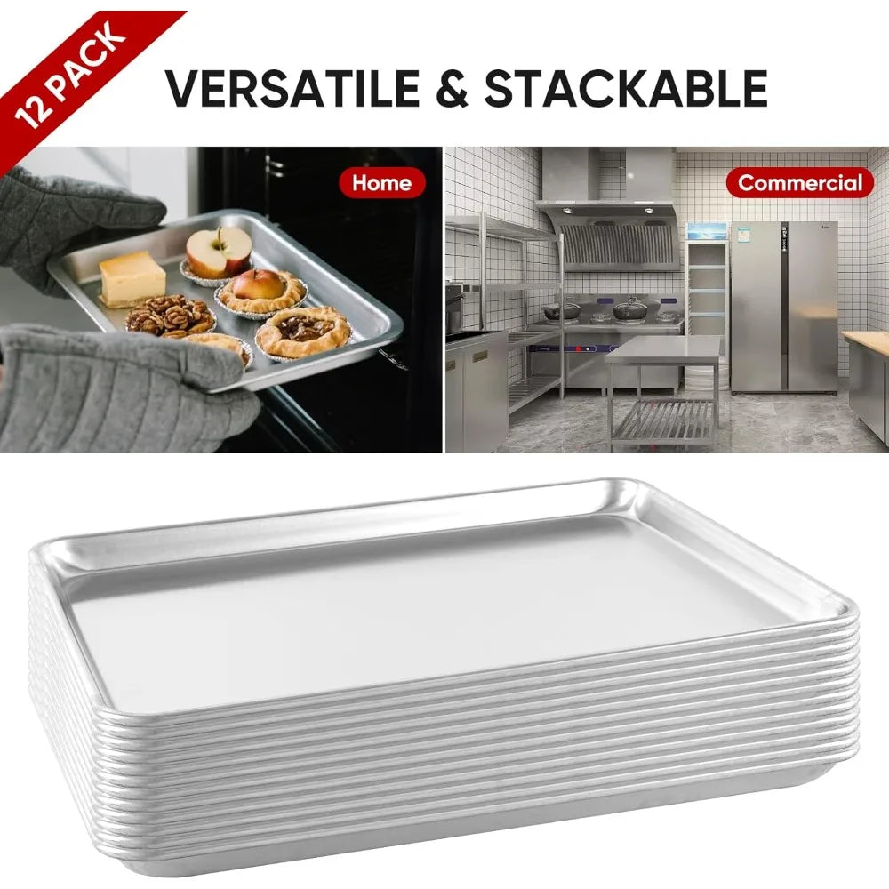 TENUP 12 Pack Aluminum Half Sheet Pan, 18 x 13 Heavy Duty Commercial Baking Tray Reinforced Rim, Warp-Resistant Rust-Free