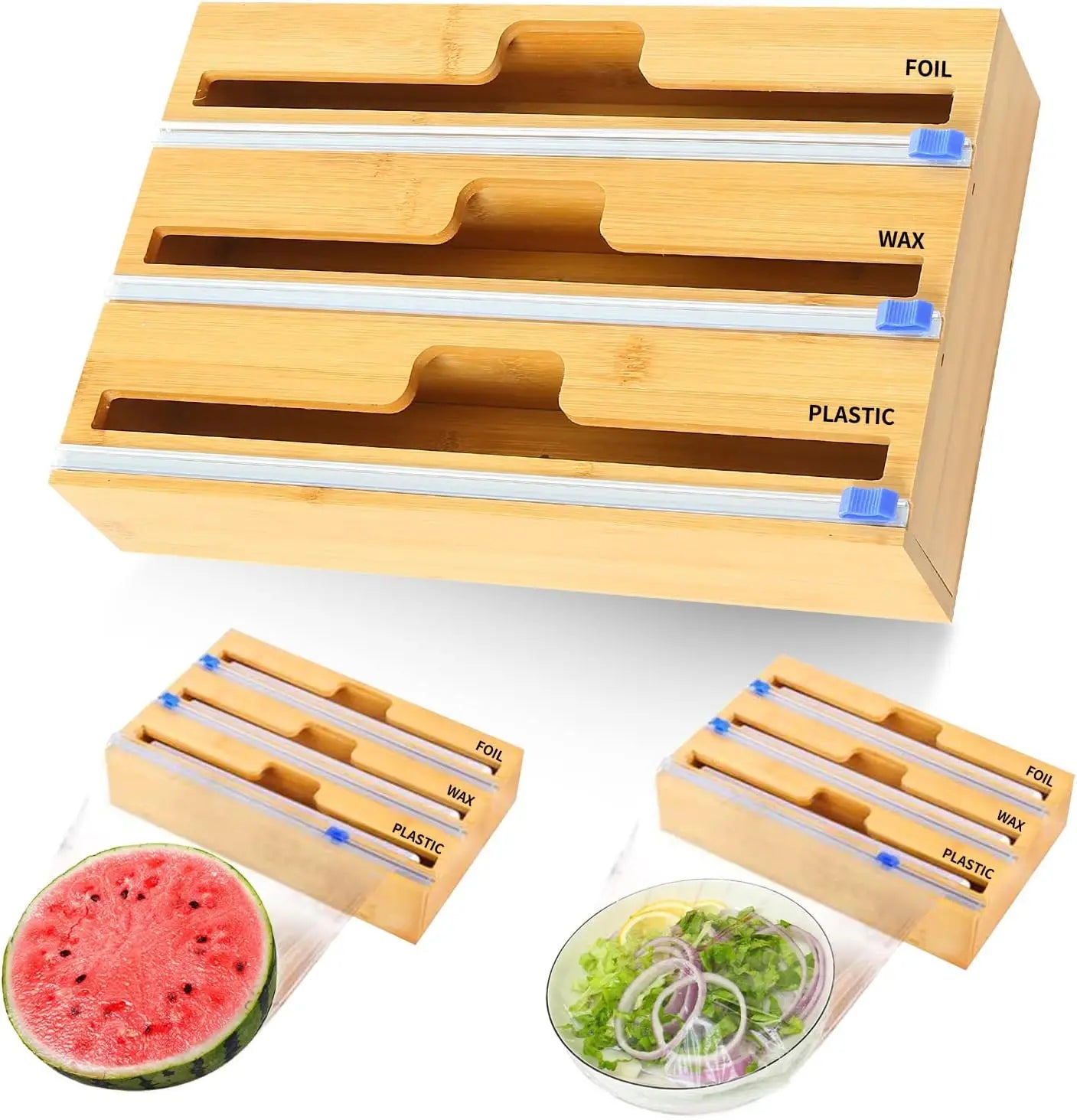 Packaging dispenser, 3 in 1 bamboo tin foil storage box, baking paper, wax paper holder kitchen storage box,