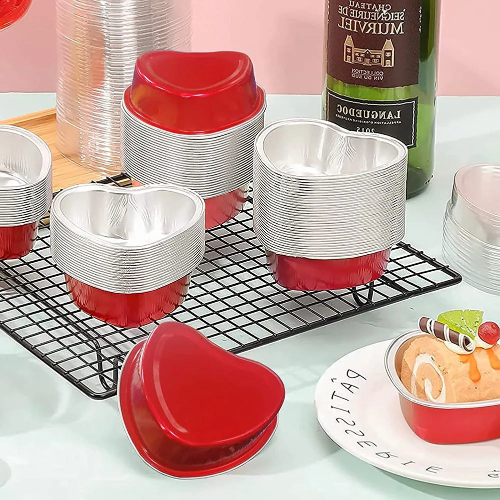Twisterck Heart Shaped Foil Cake Cups With Lids 50Pcs