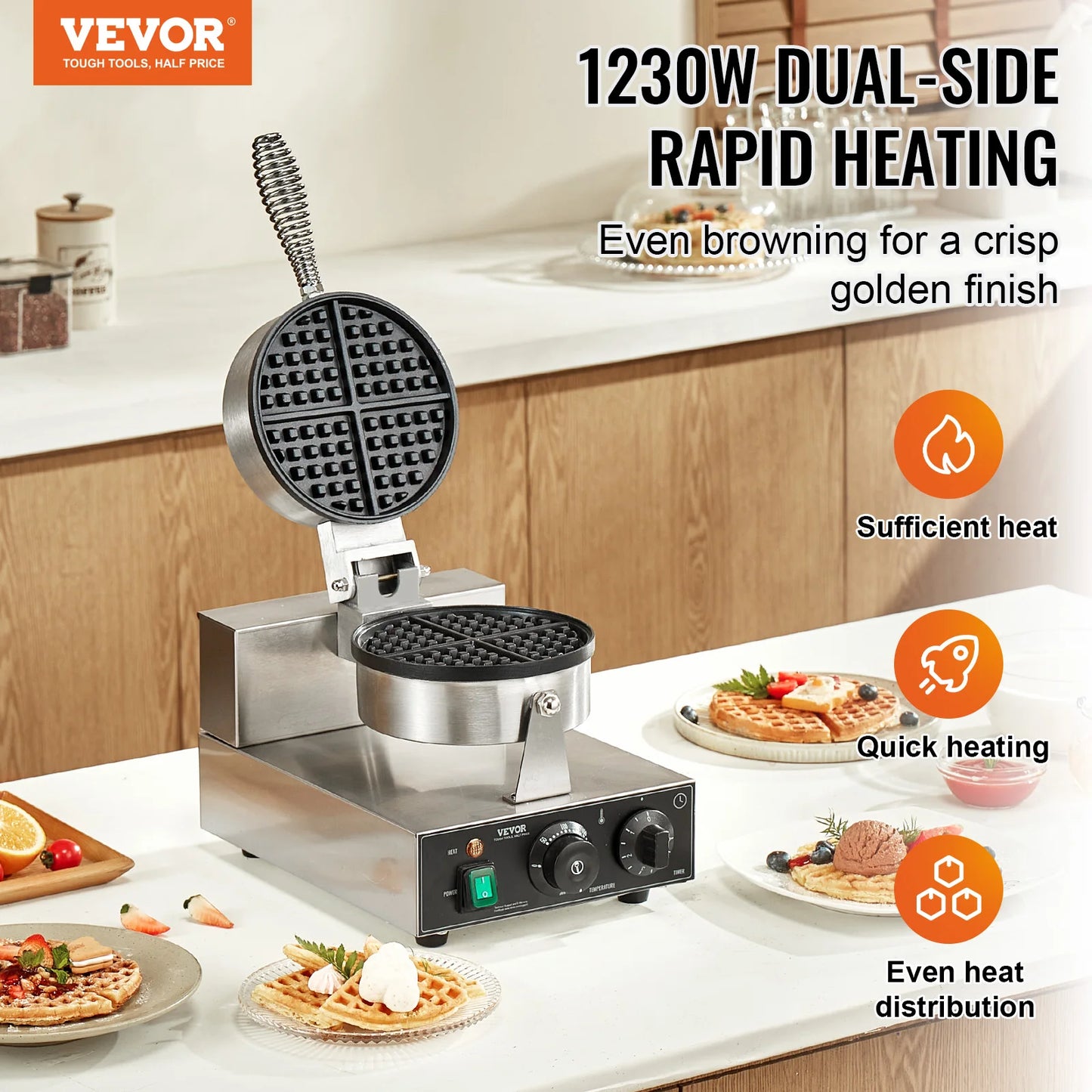 VEVOR Commercial Waffle Maker 1230W Round Waffle Iron