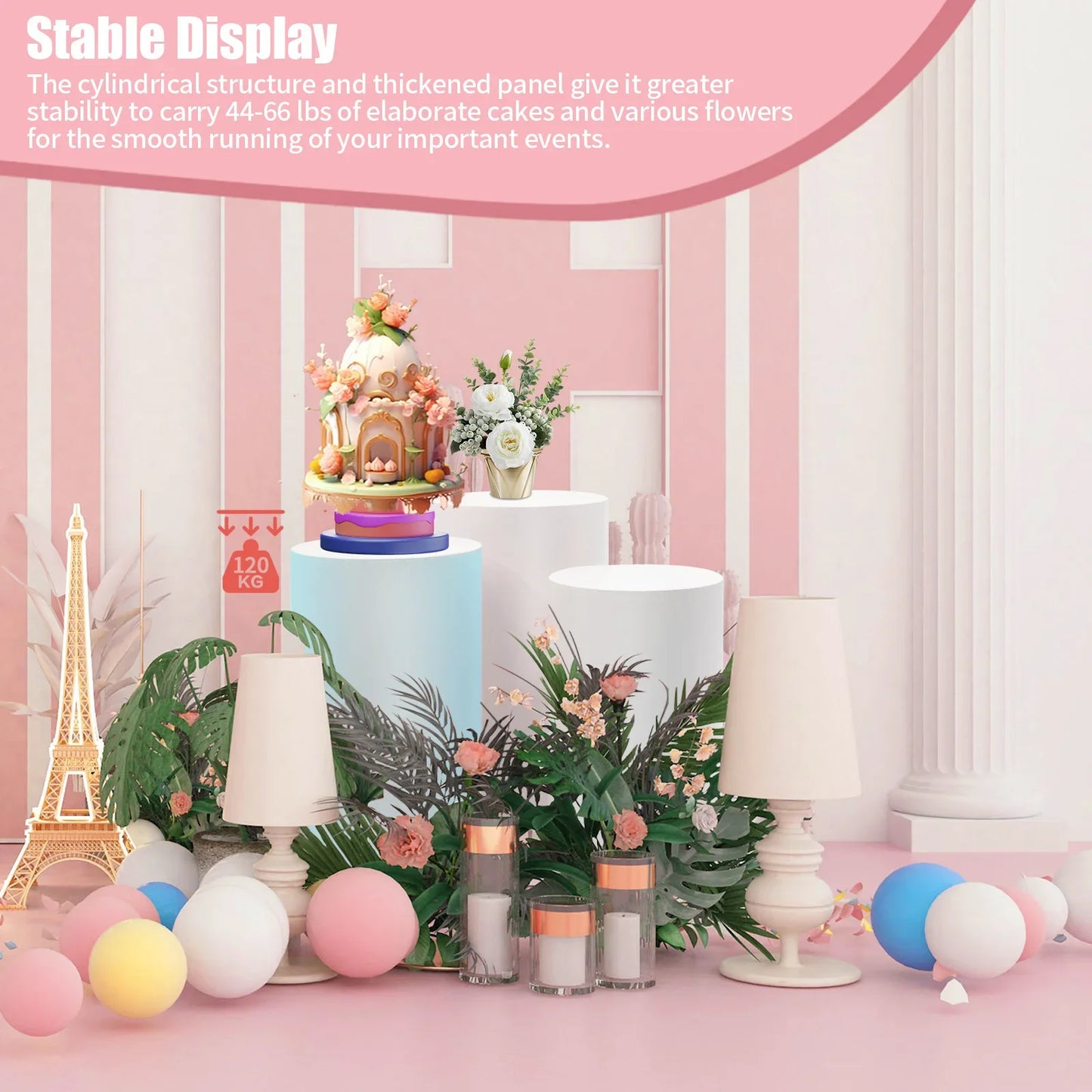 Hign Concerned Cylindrical Three Tier Cake Display Stands