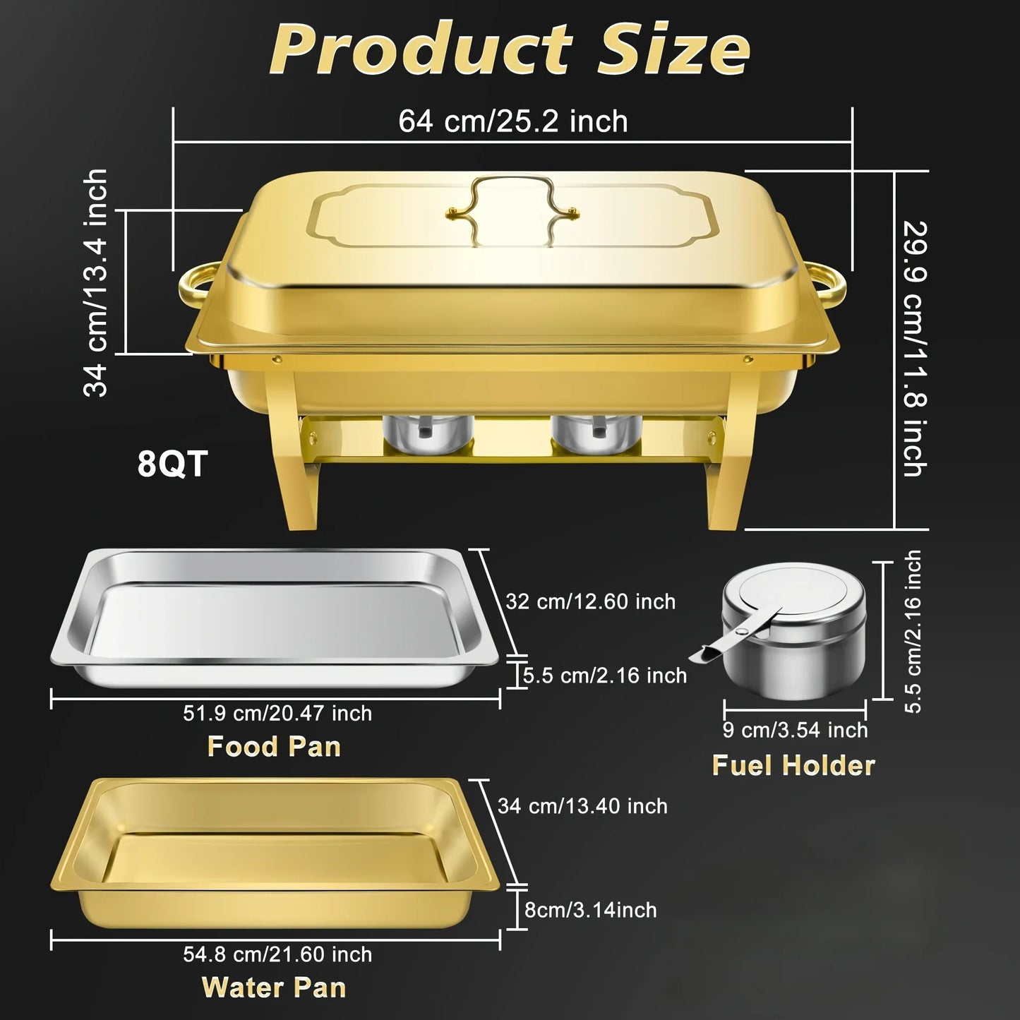 6 Pcs Buffet Baking Tray, 8 Quart Golden Baking Tray Buffet Set Full Size, Premium Stainless Steel Baking Tray Party Food Heater