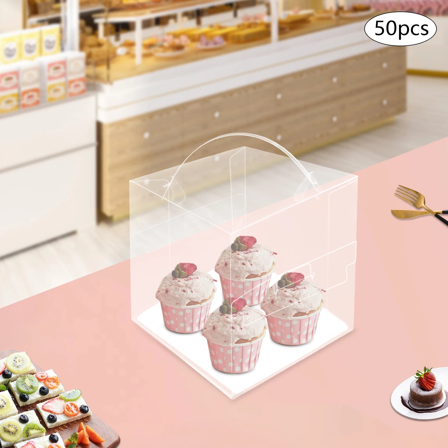 50 Pcs Clear PET Cake Boxes,4 in 13x13x13cm Assembly Required Square Cake Boxes with Handle for Placing Cakes,Desserts