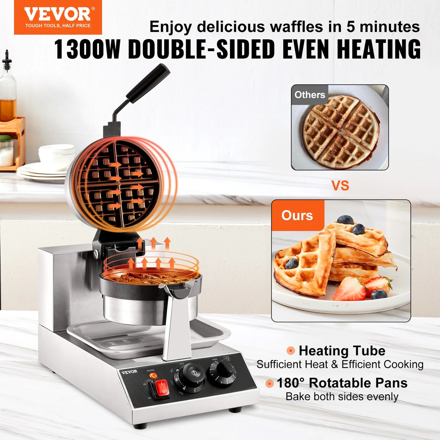 SucceBuy Electric Waffle Maker Round Waffle Iron Non-Stick Baker Machine Teflon-Coated Baking Pans Stainless Steel Gaufriers