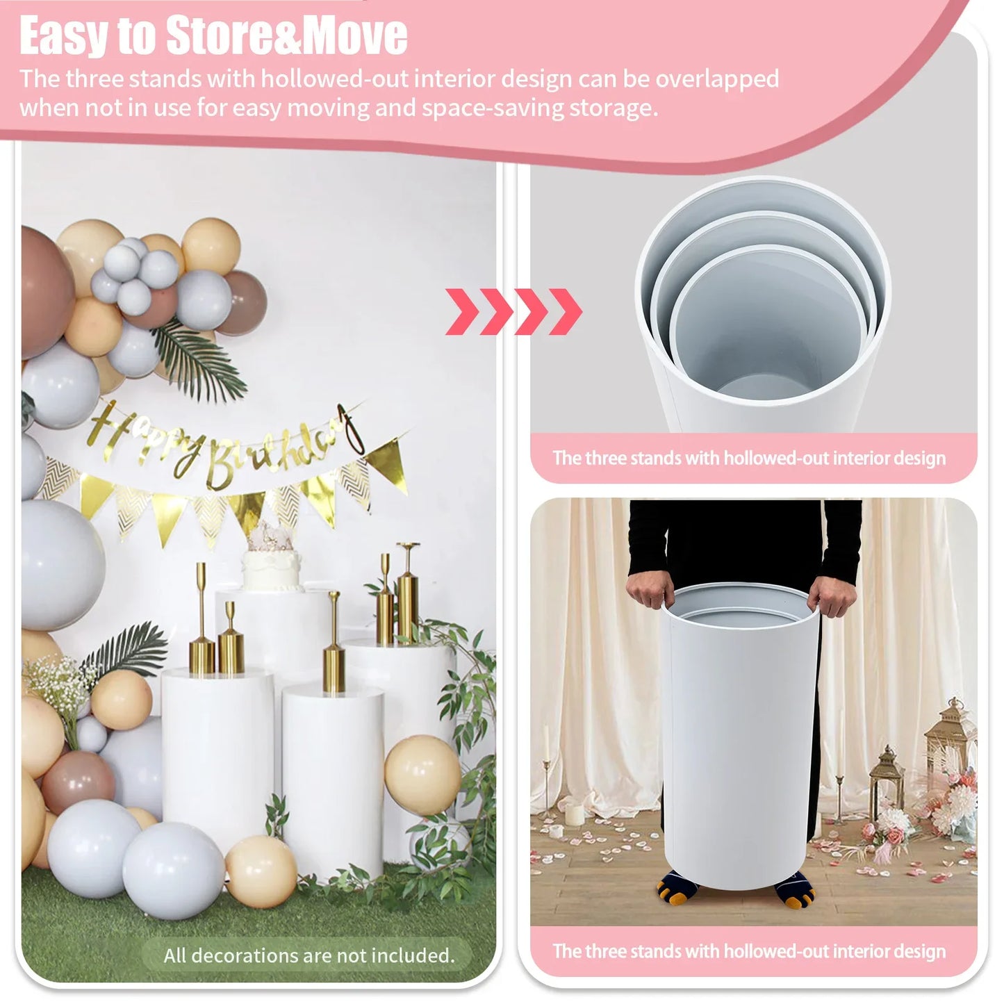 Hign Concerned Cylindrical Three Tier Cake Display Stands