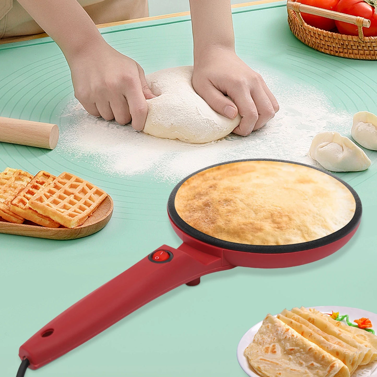 Red 8" Plastic Electric Crepe Maker,110V Corded Electric Pancake Machine Desktop Mount for Home,Bakery