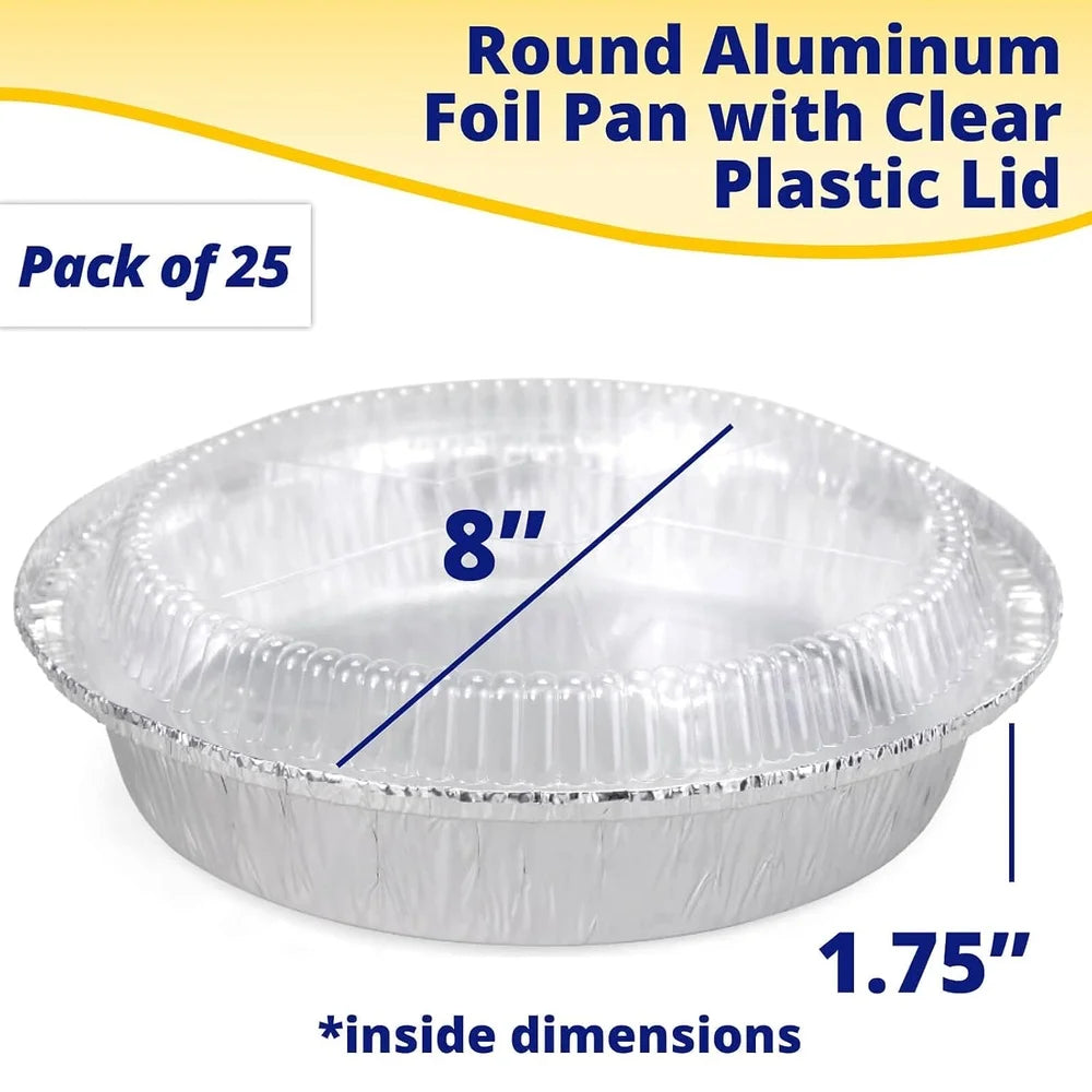 9 Inch Round Aluminum Foil Pans with Dome Lids Pack of 25 Disposable Baking Containers Clear Plastic Lids Perfect Cooking